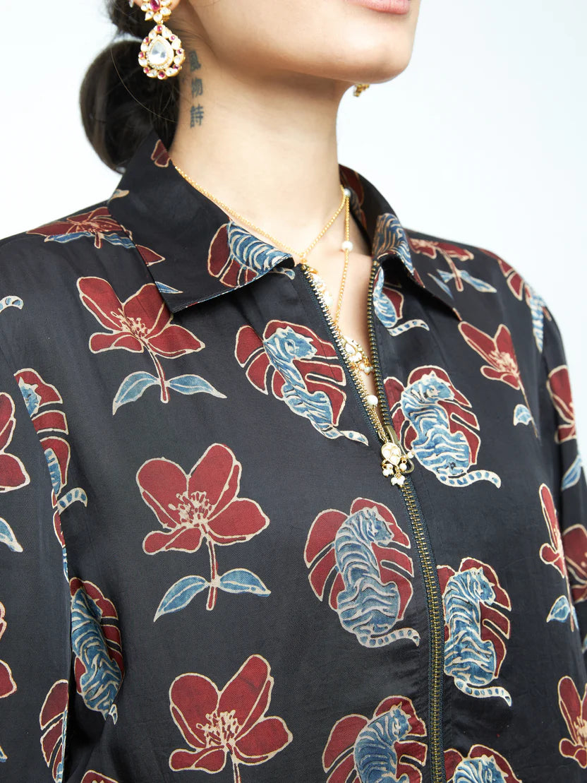 Anushé Pirani Beast Bomber | Ajrakh Print Modal | Charcoal, Women&
