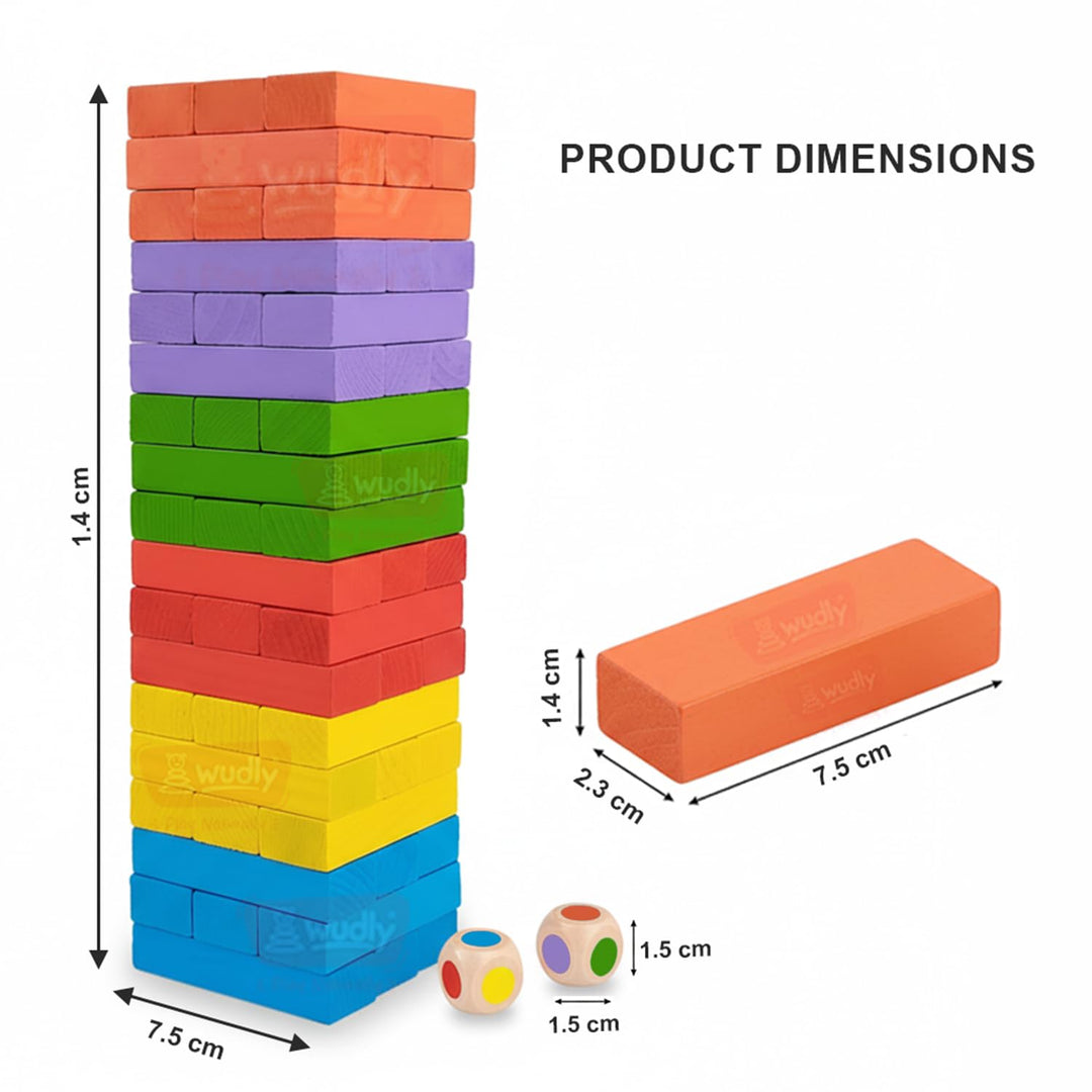 Wudly Toys Wooden Colour Stacking Tower | Colour Blocks with 2 Dice