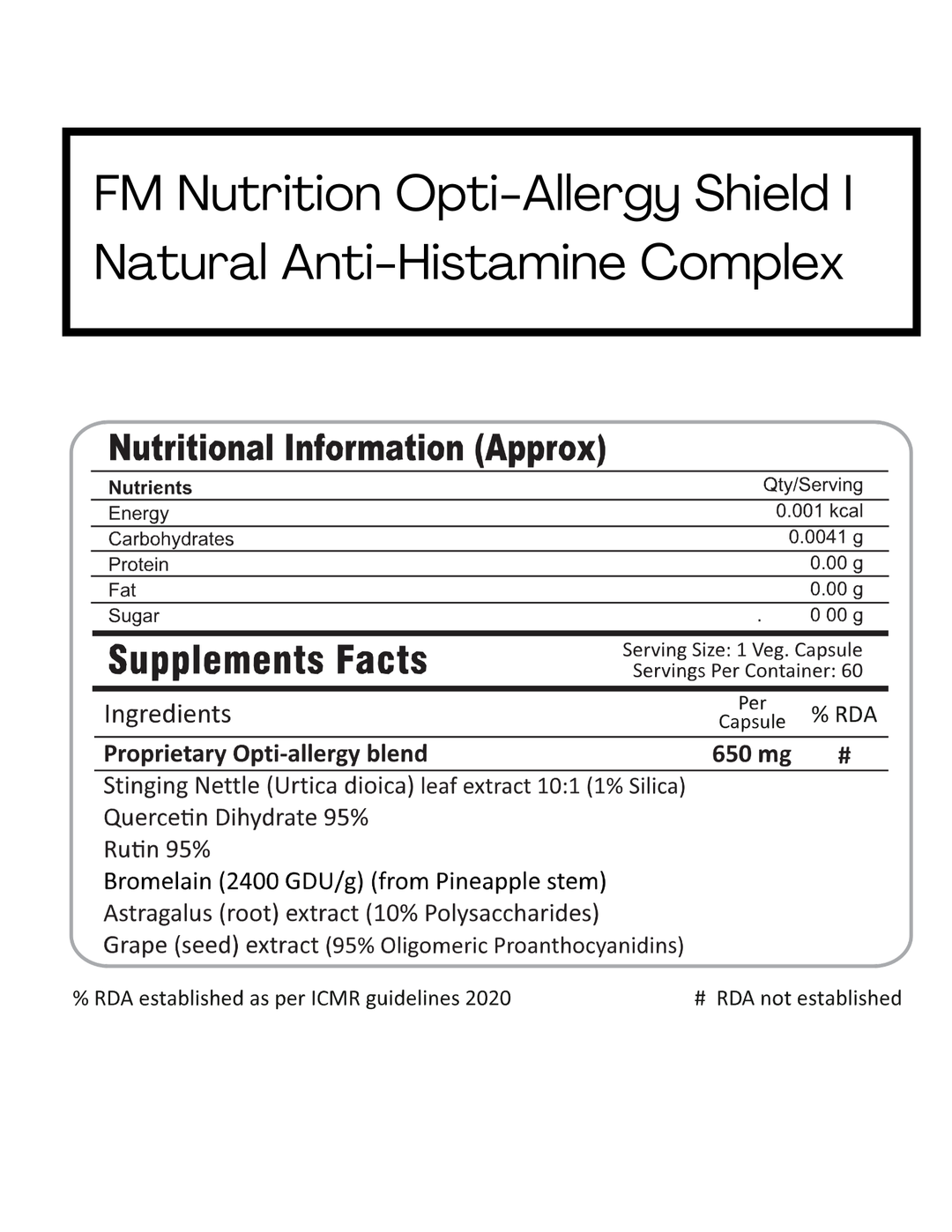 FM Nutrition Opti-Allergy Shield I Natural Anti-Histamine Complex I Quercetin with Bromelain and plant derivatives I Vegan I Non-GMO I 60 Veg Capsules