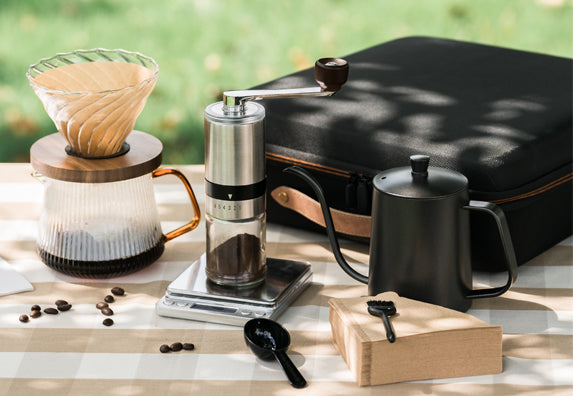 Pour Over Coffee Set with Travel Bag | Gooseneck Pour Over Kettle| Glass Dripper with Carafe| V02 Filter 100 Pcs | Manual Coffee Grinder | Weighing scale |Coffee Scoop with Cleaning Brush