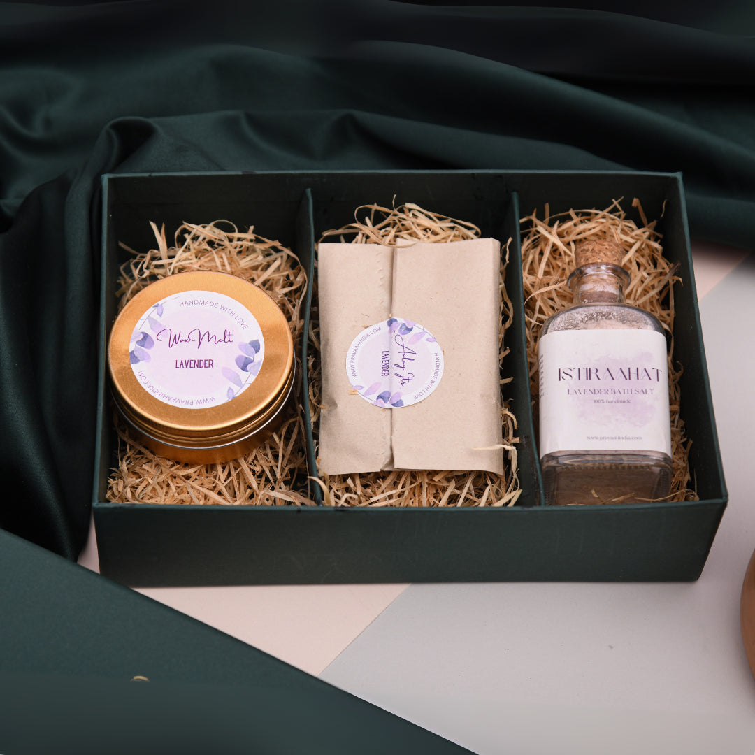 Luxury Rakhi Gift Hamper | Lavender Bath Salts, Soy Wax Air Freshener & Wax Melts | Handmade Self Care Gift Box for Brother & Sister | Pravaah