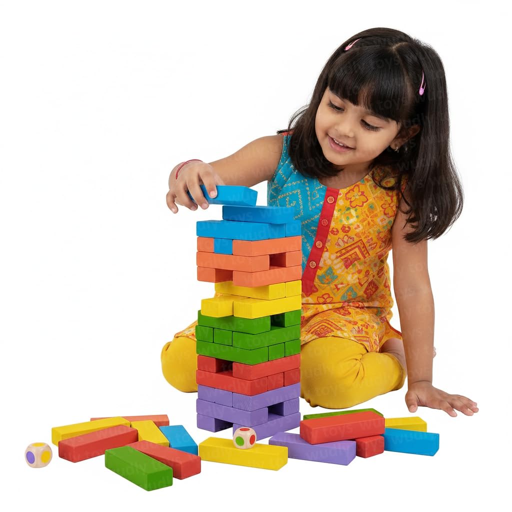 Wudly Toys Wooden Colour Stacking Tower | Colour Blocks with 2 Dice