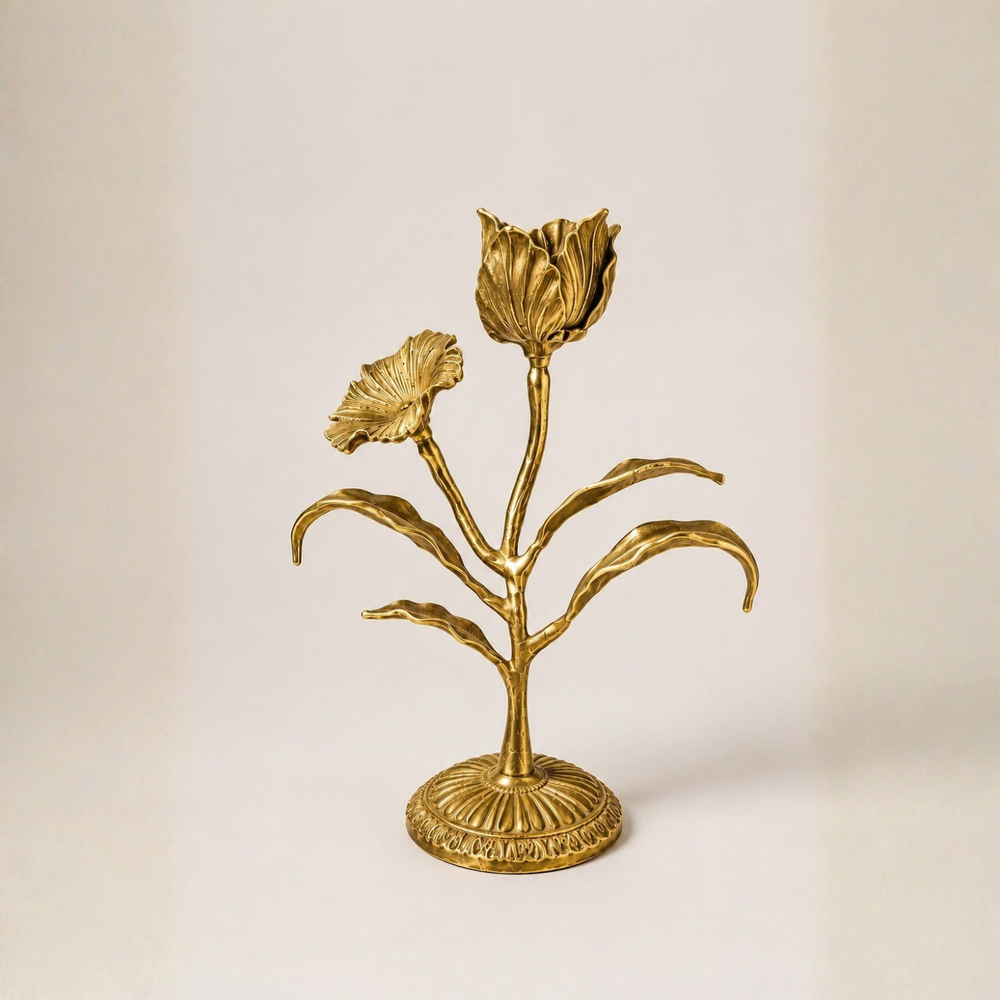 Malar Candle Stand | Blooming Tulip Brass Taper Candle Holder | Gold Brass Finish | Pravaah