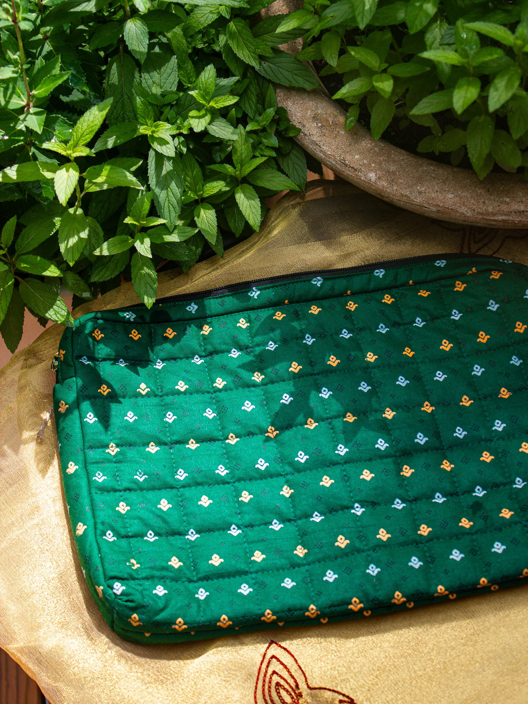 Pravaah Punh Quilted Cotton Laptop Sleeve with Zip Pocket, Assorted Prints