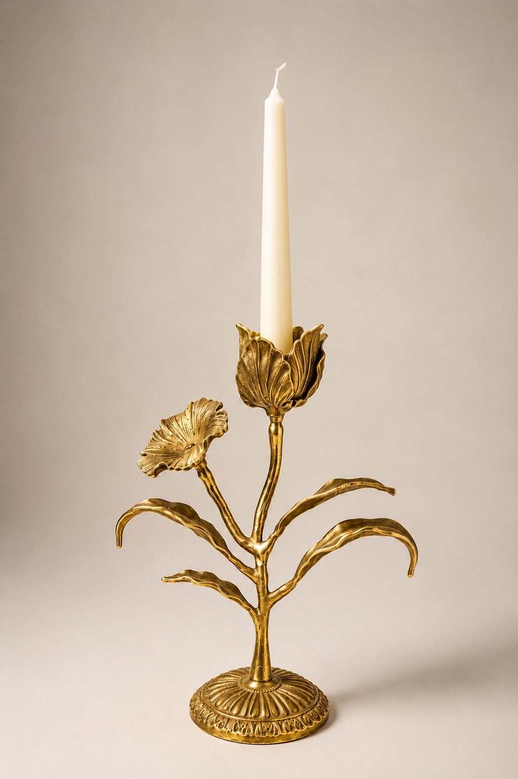 Malar Candle Stand | Blooming Tulip Brass Taper Candle Holder | Gold Brass Finish | Pravaah 