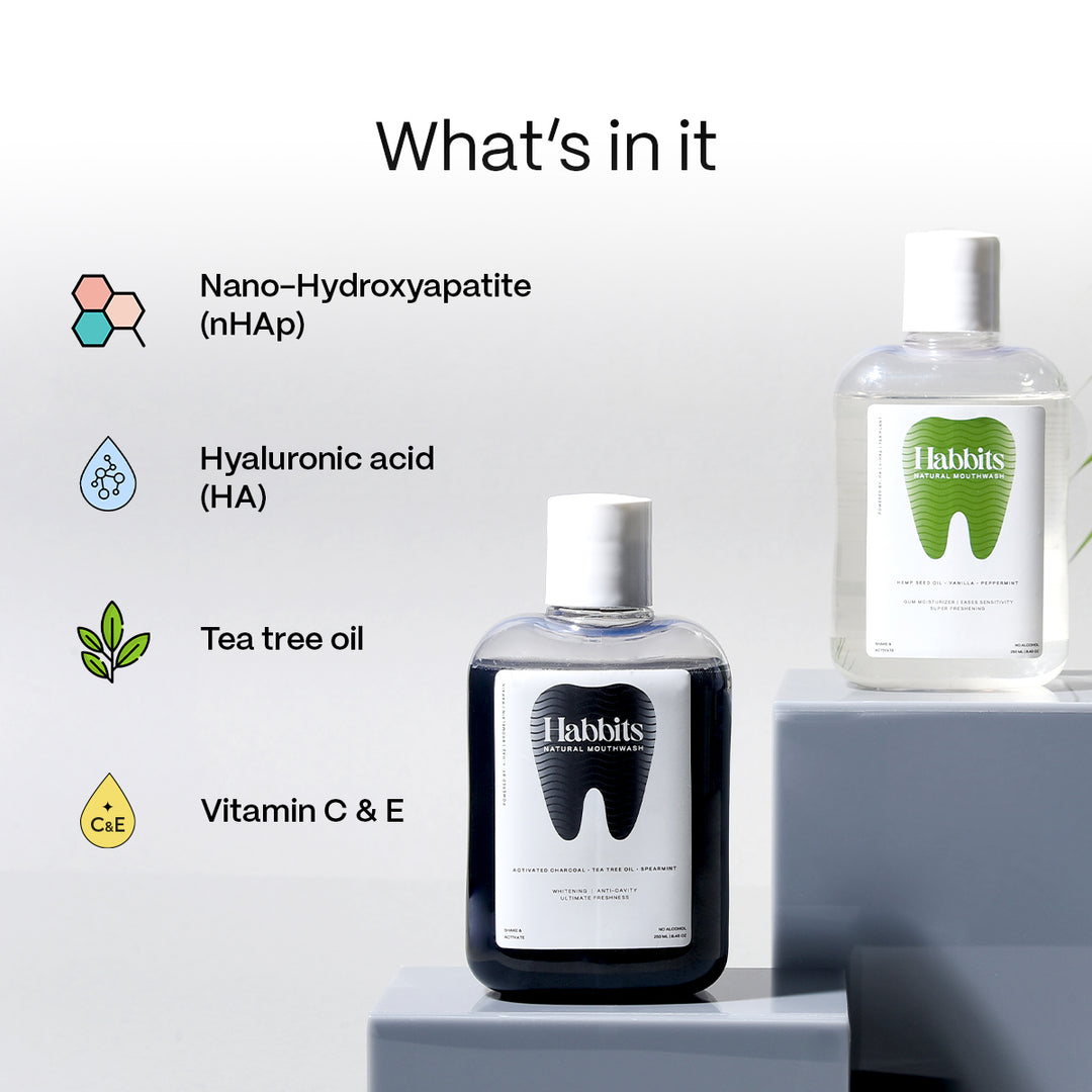 Habbits Mouthwash Duo Teeth-Whitening Charcoal & Spearmint Vanilla & Peppermint Natural Mouthwash Vitamin C & E No Artificial Flavors & Colors Alcohol-Free Mouth Wash Pack of 2 250ml each