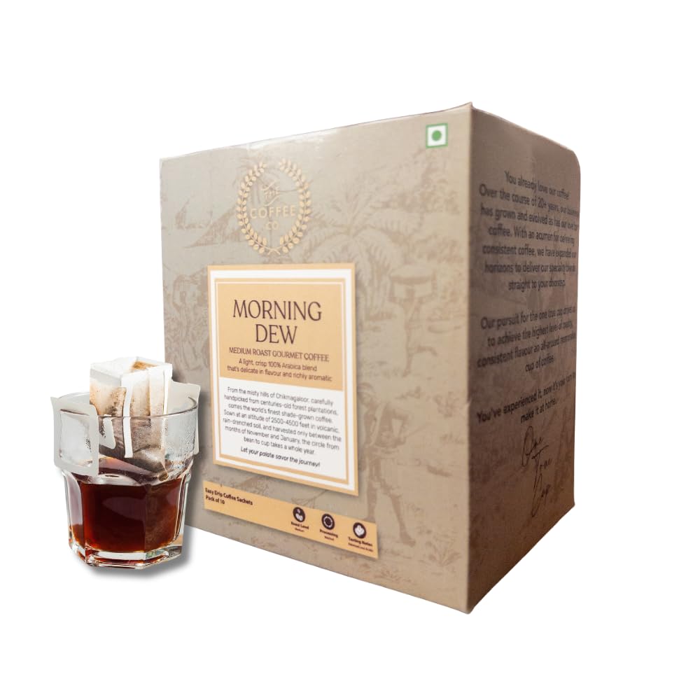 The Coffee Co Morning Dew Medium Roast Easy Pour Over Coffee Drip Bags | Medium Roast | Pack Of 10 | 100% Arabica Beans| Ready to Brew in 2 Mins | Just Pour In Hot Water