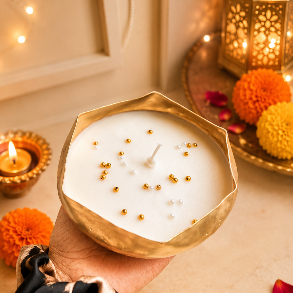 Ripple Glow Wavy Urli Candle | Oudh Saffron Diwali Candle
