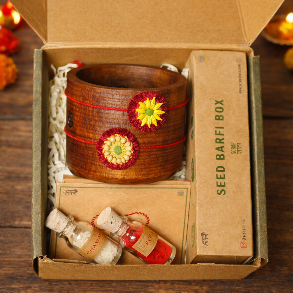 Akkad-Bakkad Grow Rakhi Box | Set of 2 plantable rakhi | Wooden planter | Planting material | Roli-Chawal | Seed ball | Greeting card | Handmade in Banaras