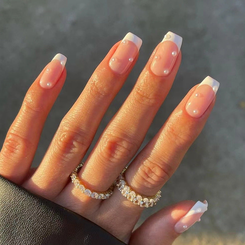 French Gems | French Tip | Medium Square, Press-On Nails