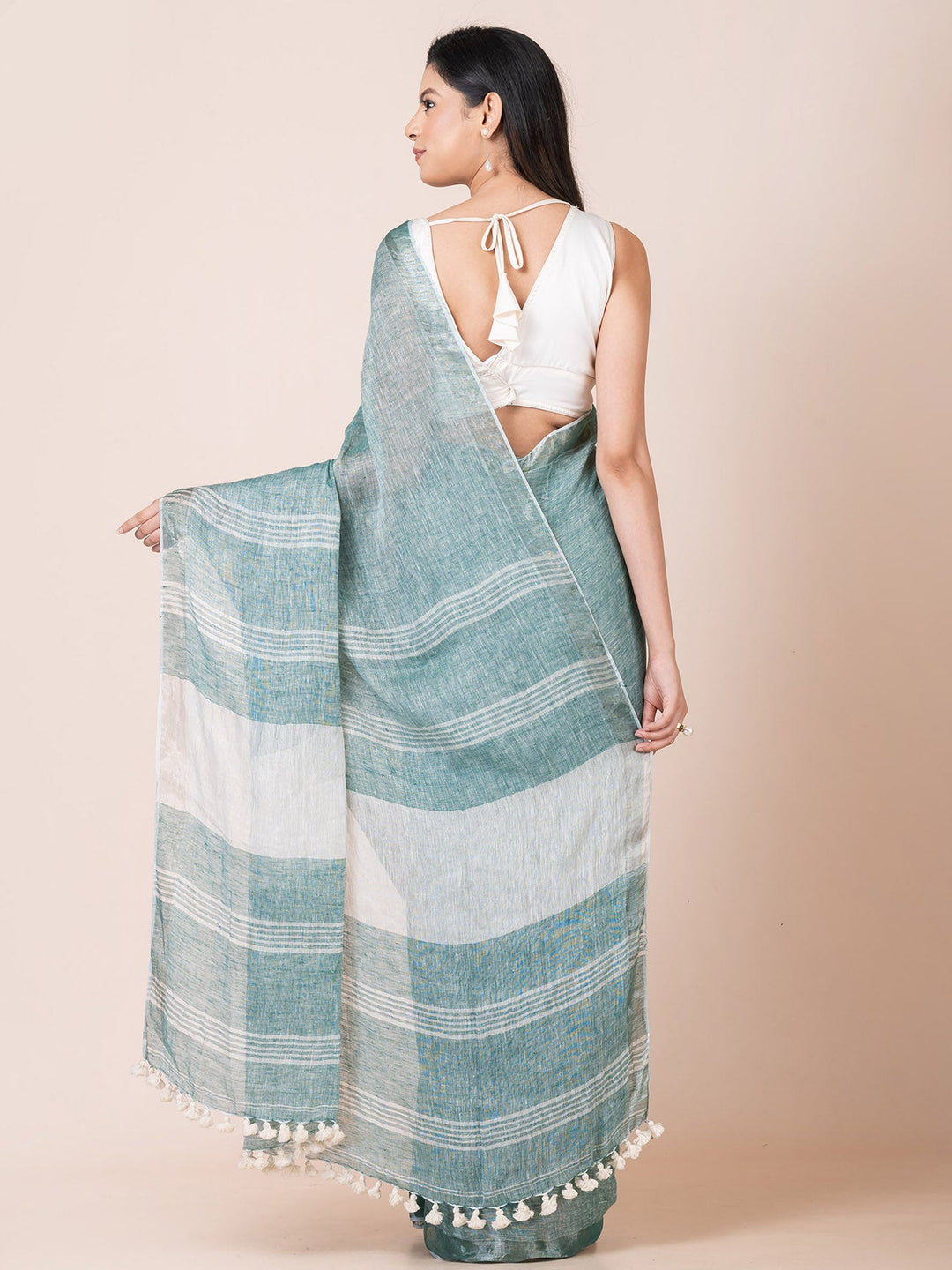 OCAU Ocean Mist - Pure Linen Solid Saree With Zari Border Without Blouse Piece l Teal