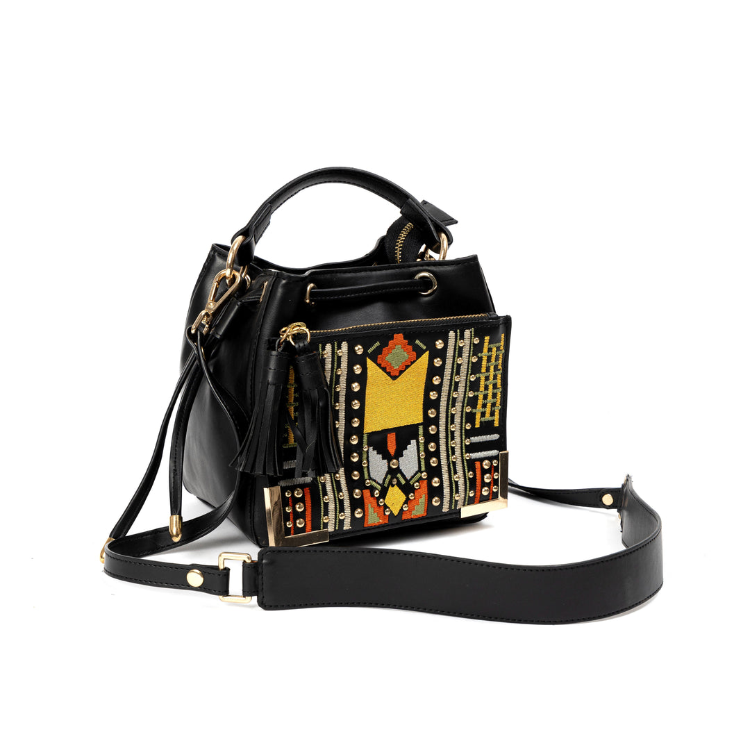 Green Hermitage Nora Vegan Leather Embroidered Sling Bag - Black