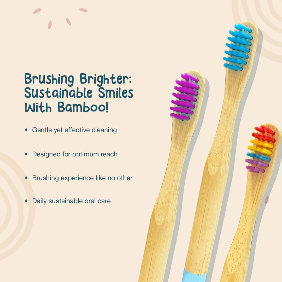 Dencrus Orby Kids Bamboo Toothbrush - Pink, Lavender, Blue & Rainbow (Pack of 4)