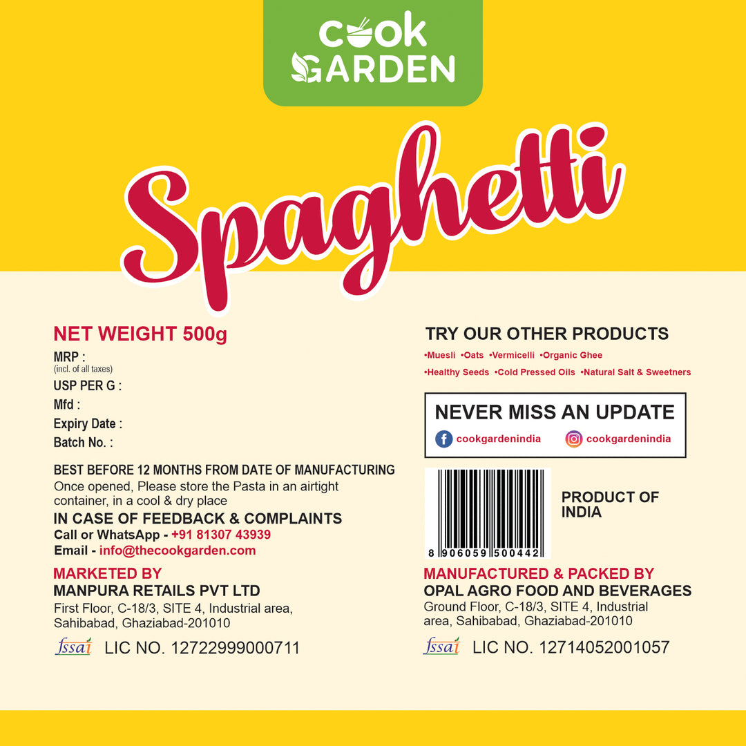 CookGarden 100% Semolina Durum Wheat | No Maida | Rich in Calcium & Protein Spaghetti  500g