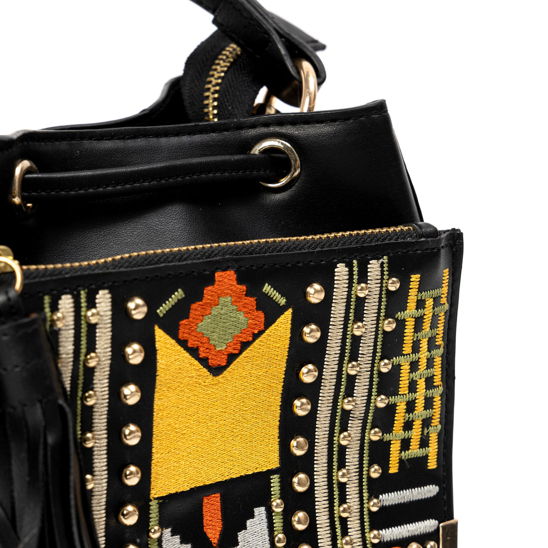 Green Hermitage Nora Vegan Leather Embroidered Sling Bag - Black