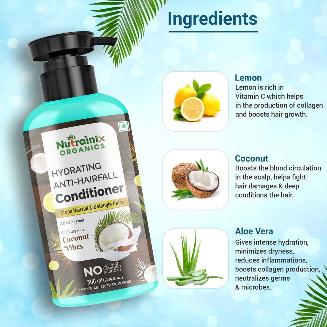 Nutrainix Organics Hydrating Anti-Hairfall Conditioner Hairfall Defense + Nutrient-Rich Hydration for Frizzy, Damaged Hair - 300 ml
