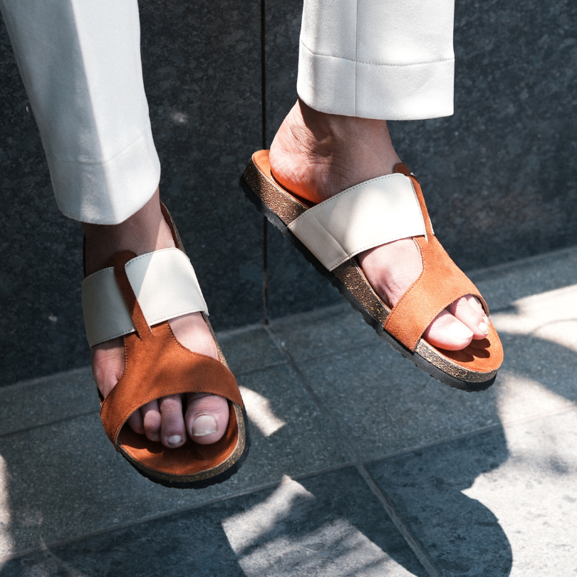 Monkstory Cork Cross-Strap Sandals - Tan and cream