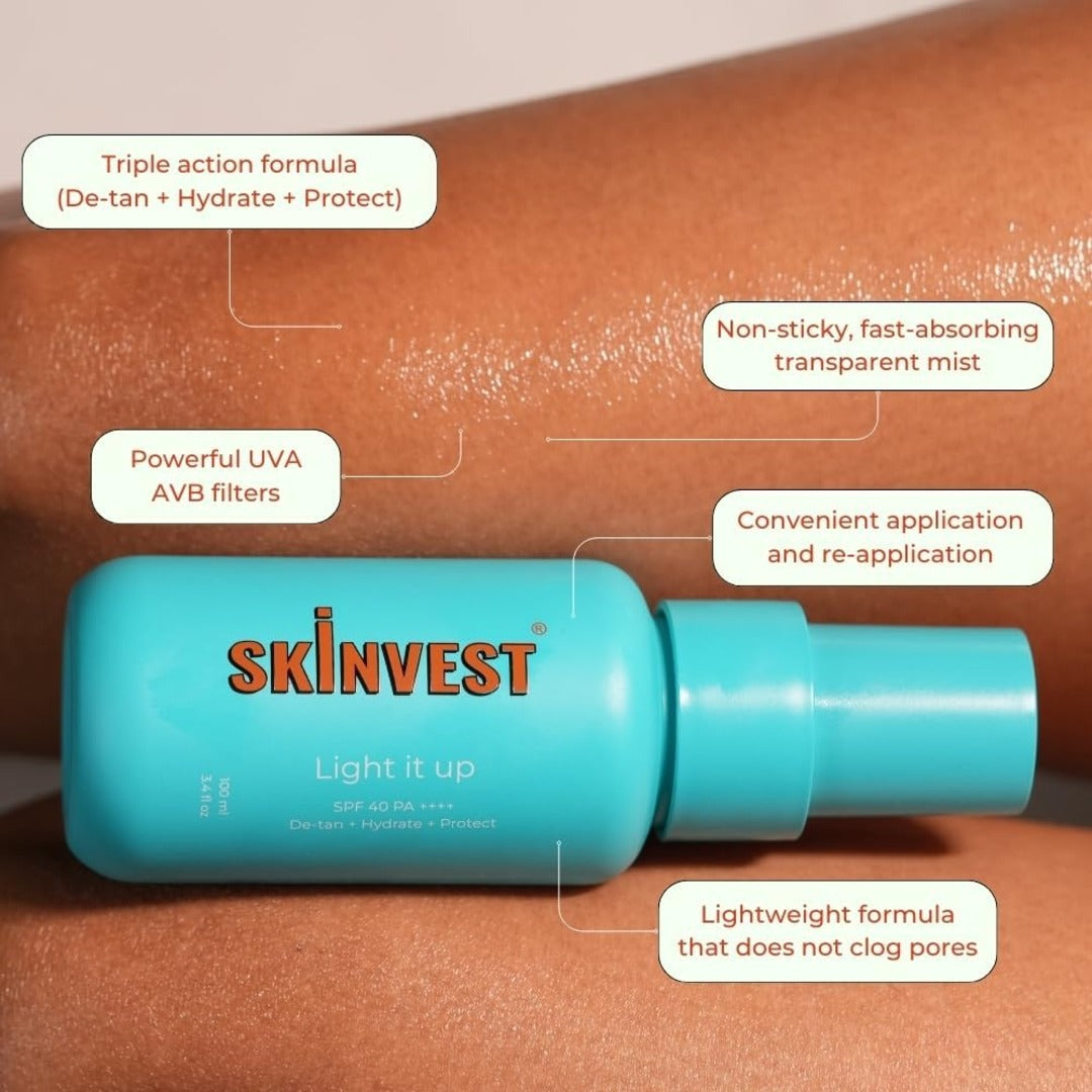 Skinvest Clear Win 100ml Face Gel Cleanser, Clarifies, Brightens & Hydrates Skin, Removes Dirt & Makeup, 100ml Light it up SPF 40 PA ++++ Body Mist Spray De-tan, Hydrate, Protect & Brightens Skin Tone