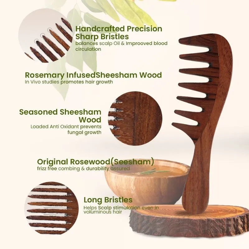 Organic B Indian Rosewood Curve Handle Extra Wide Tooth Comb |Rosemary Infused