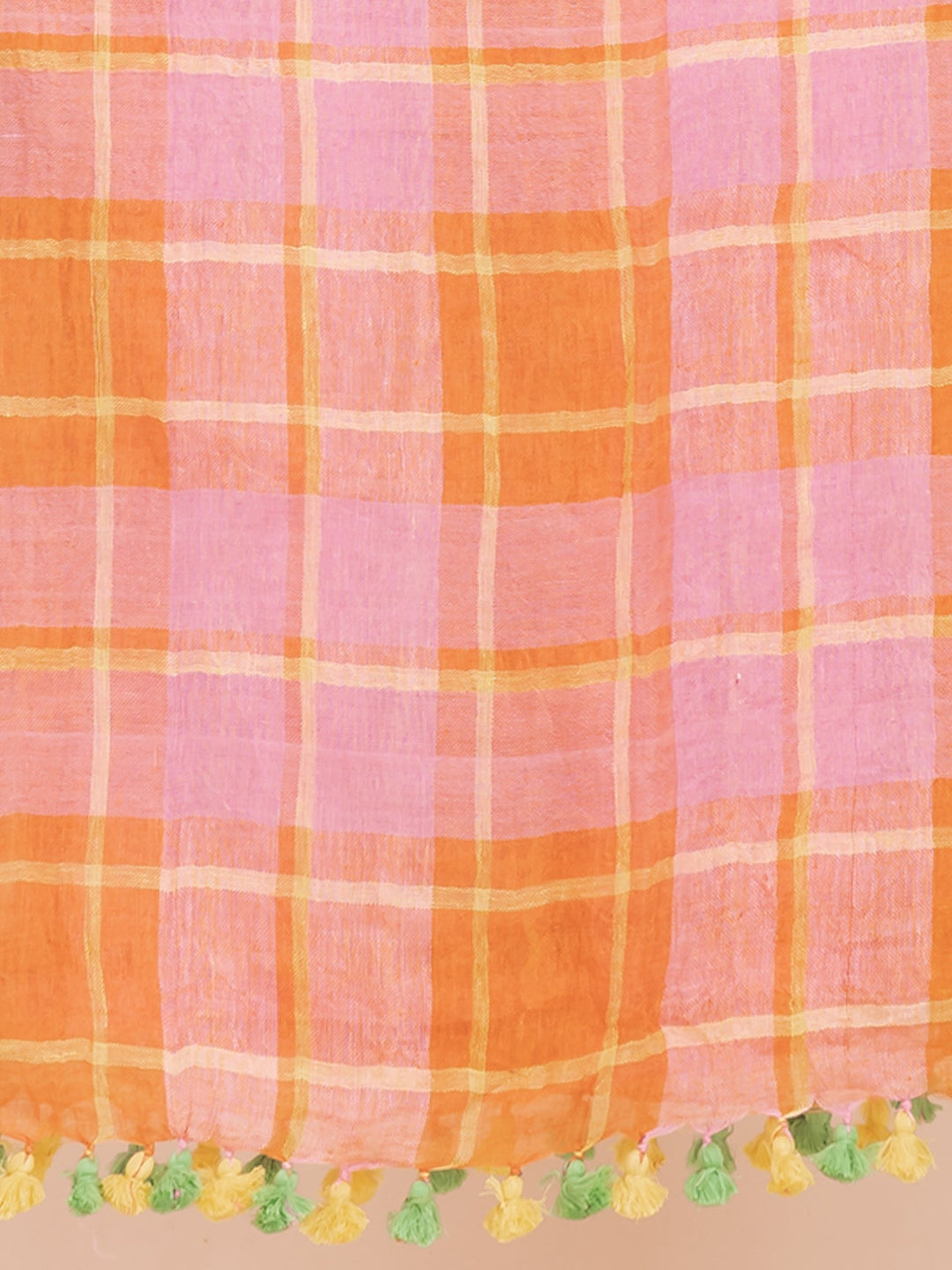OCAU Citrus Dream - Pure Linen Checkered Saree With Blouse Piece  l Tangerine
