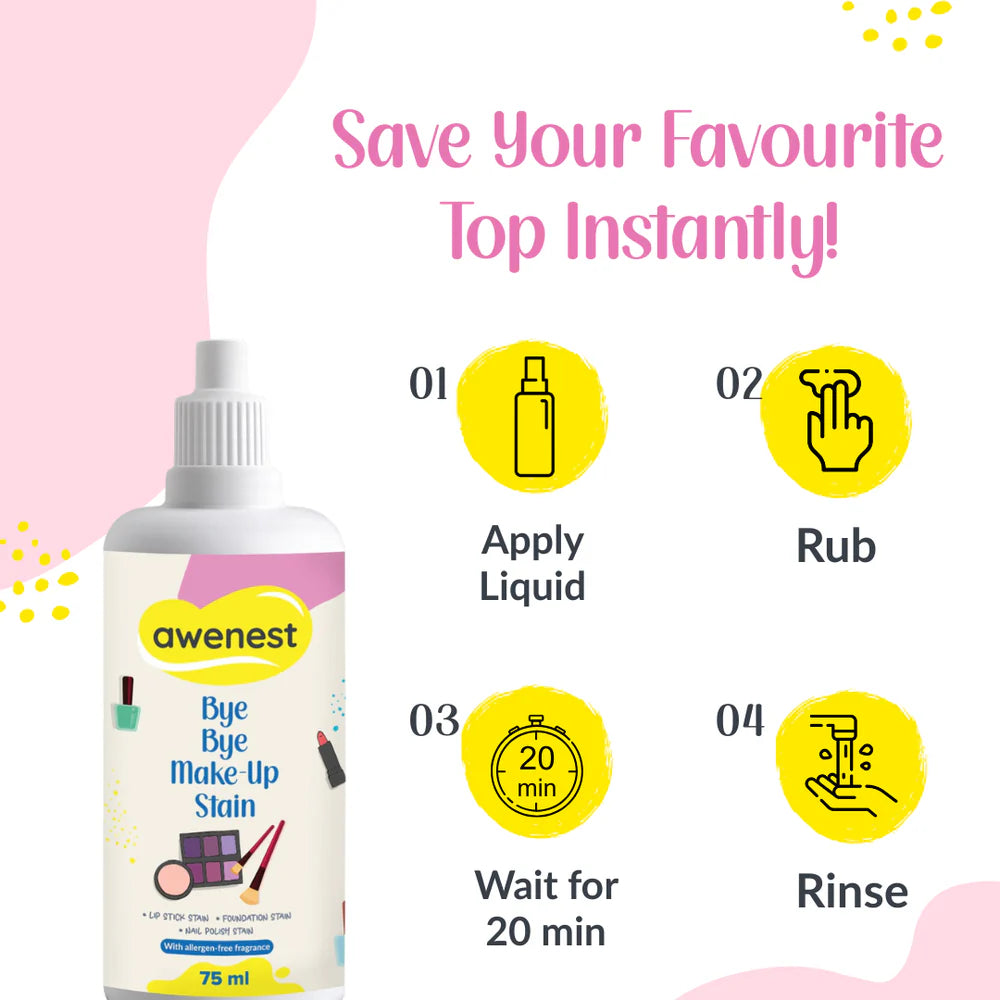 Instant Makeup Stain Remover - awenest Bye Bye Makeup Stain - Fabric Stain Remover | For Makeup Stains on Fabrics - Lipstick, Foundation, Nail Polish and More, 75 ml