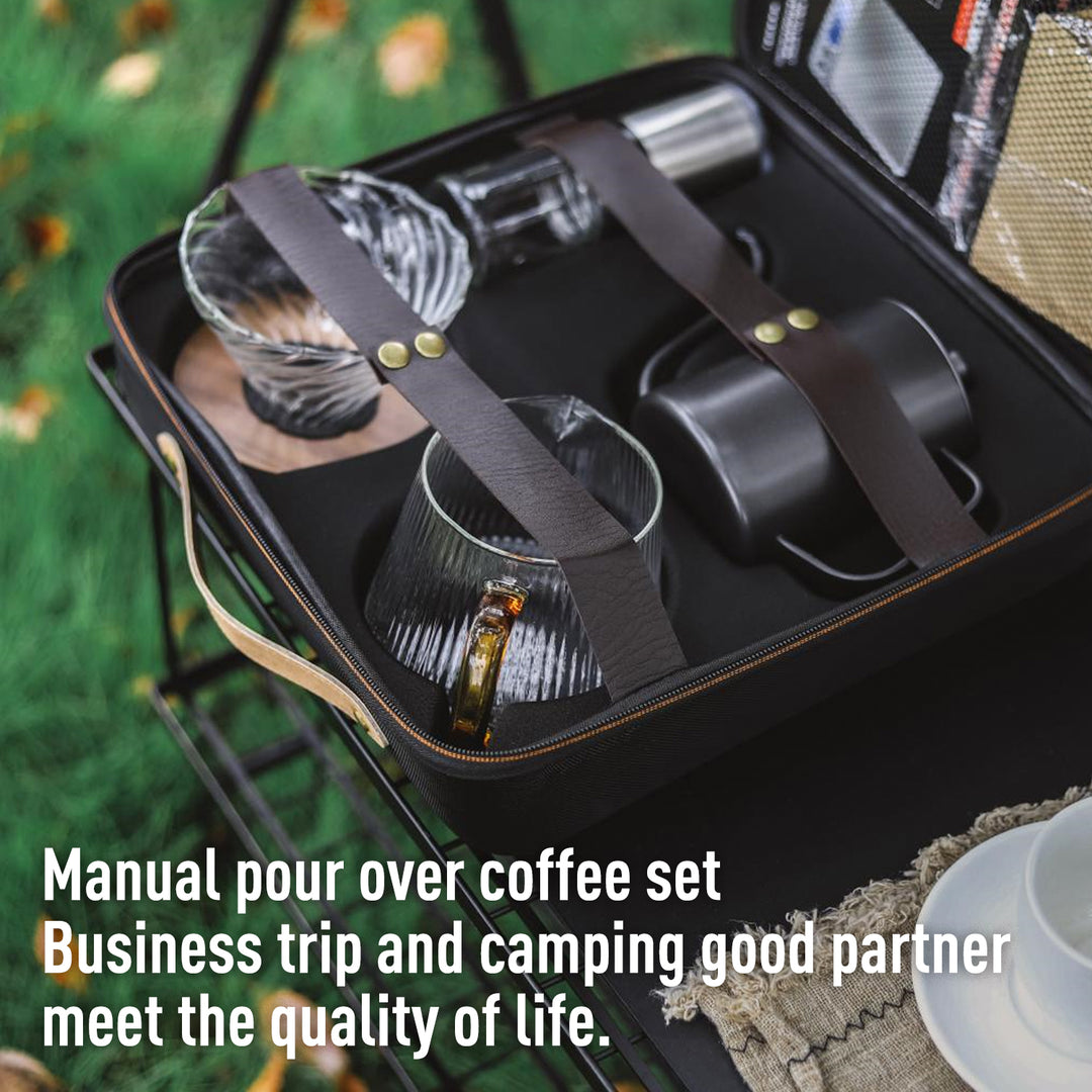 Pour Over Coffee Set with Travel Bag | Gooseneck Pour Over Kettle| Glass Dripper with Carafe| V02 Filter 100 Pcs | Manual Coffee Grinder | Weighing scale |Coffee Scoop with Cleaning Brush