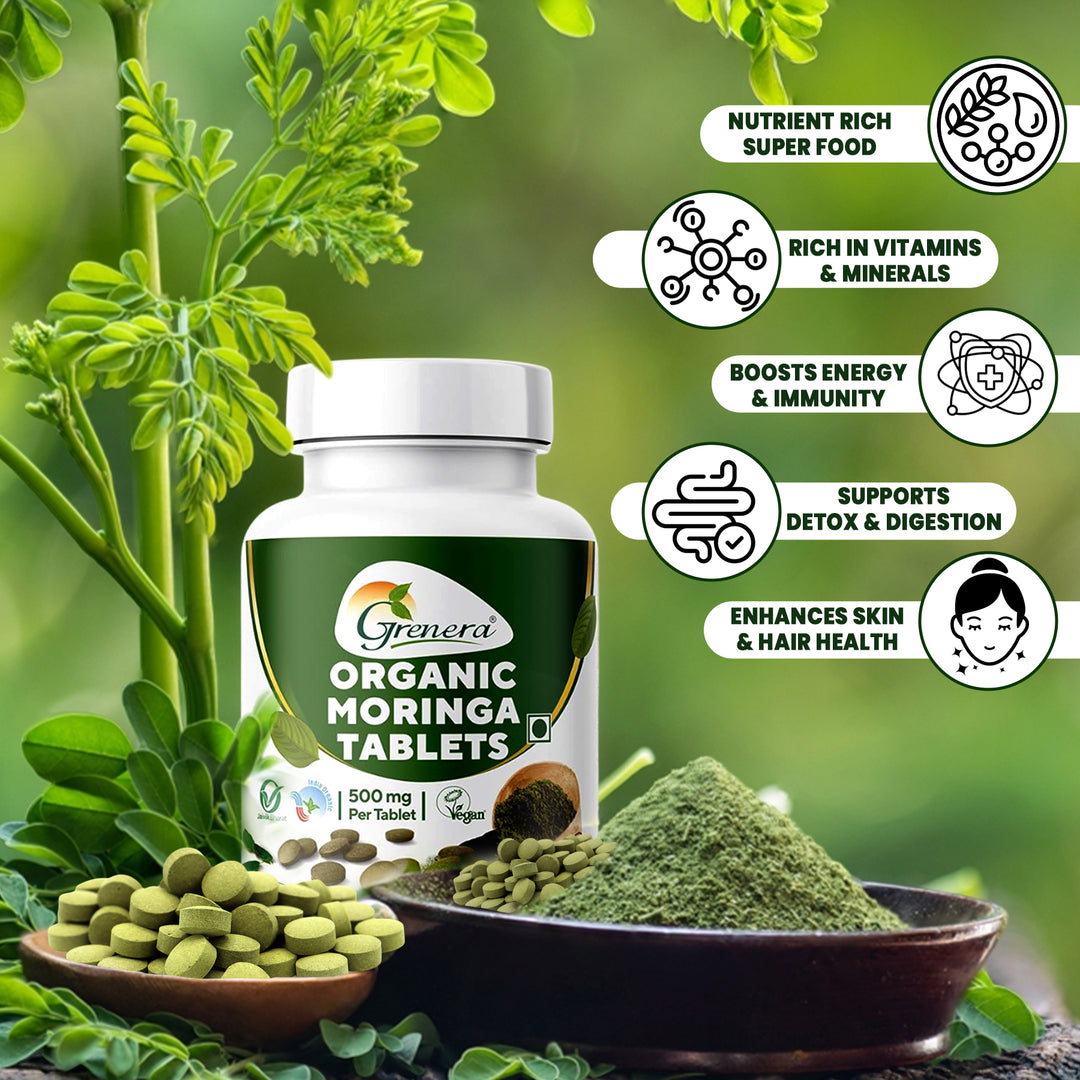 Grenera Organic Moringa Tablets 120 nos, Drumstick Leaf Powder Tablets, Super-Food Shigru, Vegan, Gluten Free, Non GMO