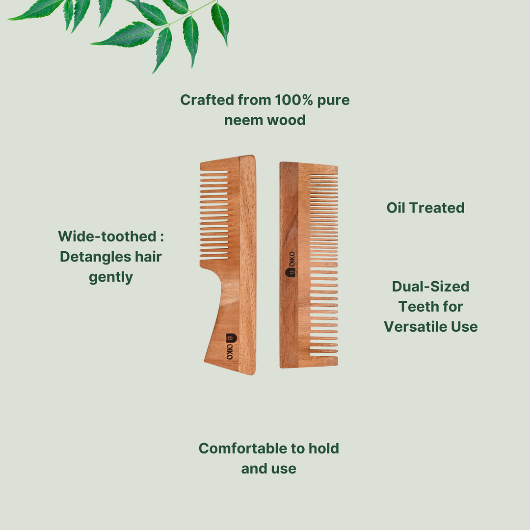 OIKO Neem Wood Hair Comb Combo Pack – Handle & Dual-Sided