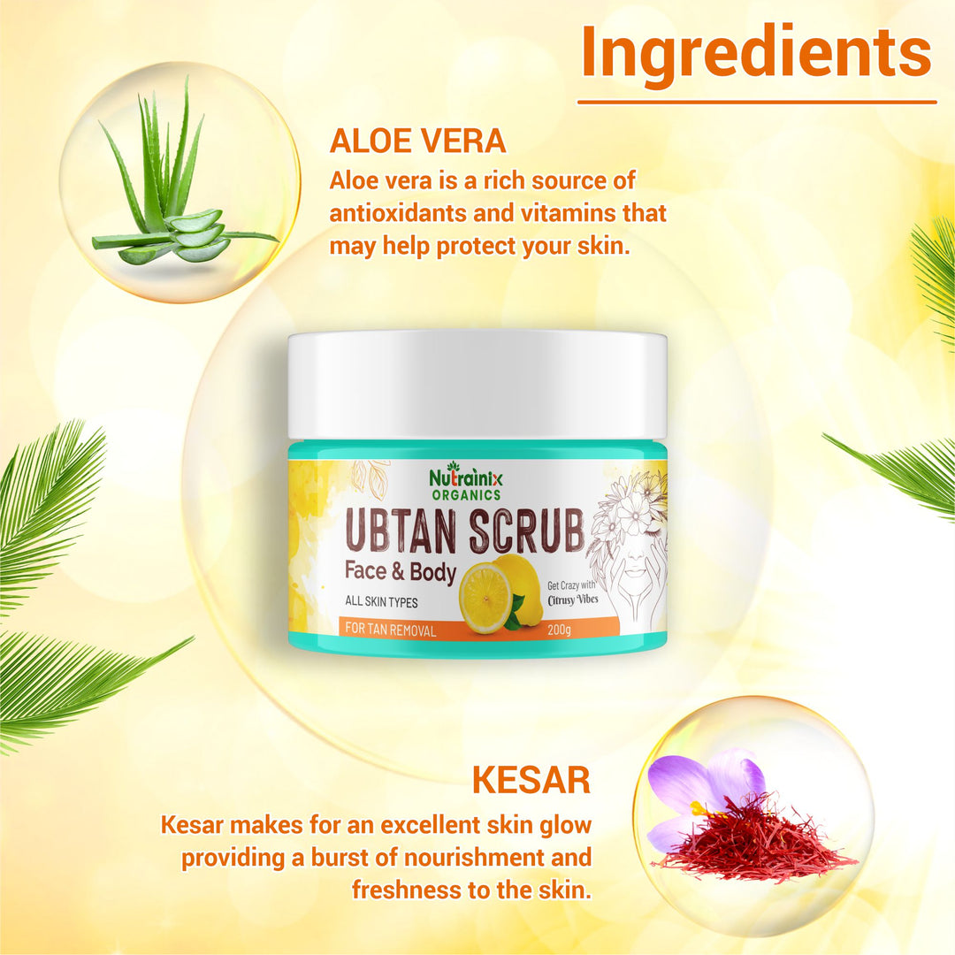 Nutrainix Organics Ubtan Radiance Revival Scrub - Ayurvedic Tan Eraser & Glow Booster for Face + Body - 200 gm