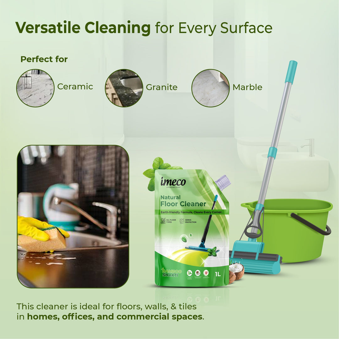 IMECO Bamboo Shakti Floor Cleaner 1L (Pouch) - Lemongrass & Basil Fragrance for All-Purpose Tile, Floor & Wall Cleaner