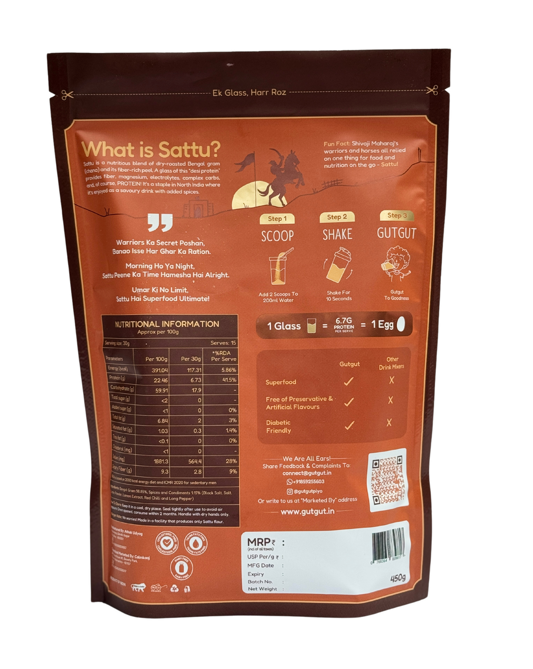 GutGut Sattu Masala Twist - Instant Drink Mix - 15 Glasses - 450 gm