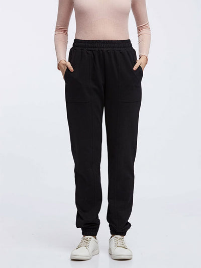 Black 100% cotton loop knit comfy jogger women