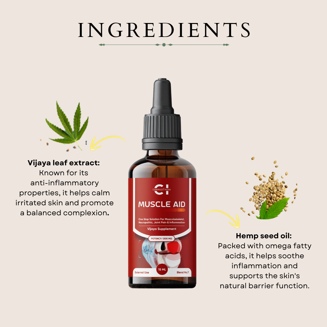 CannazoIndia® Muscle Aid | Top Ayurvedic Pain Relief Oil, Best Medicine for Knee, Muscle, Cervical Spondylitis, Sciatica | 15 ml - 1200mg