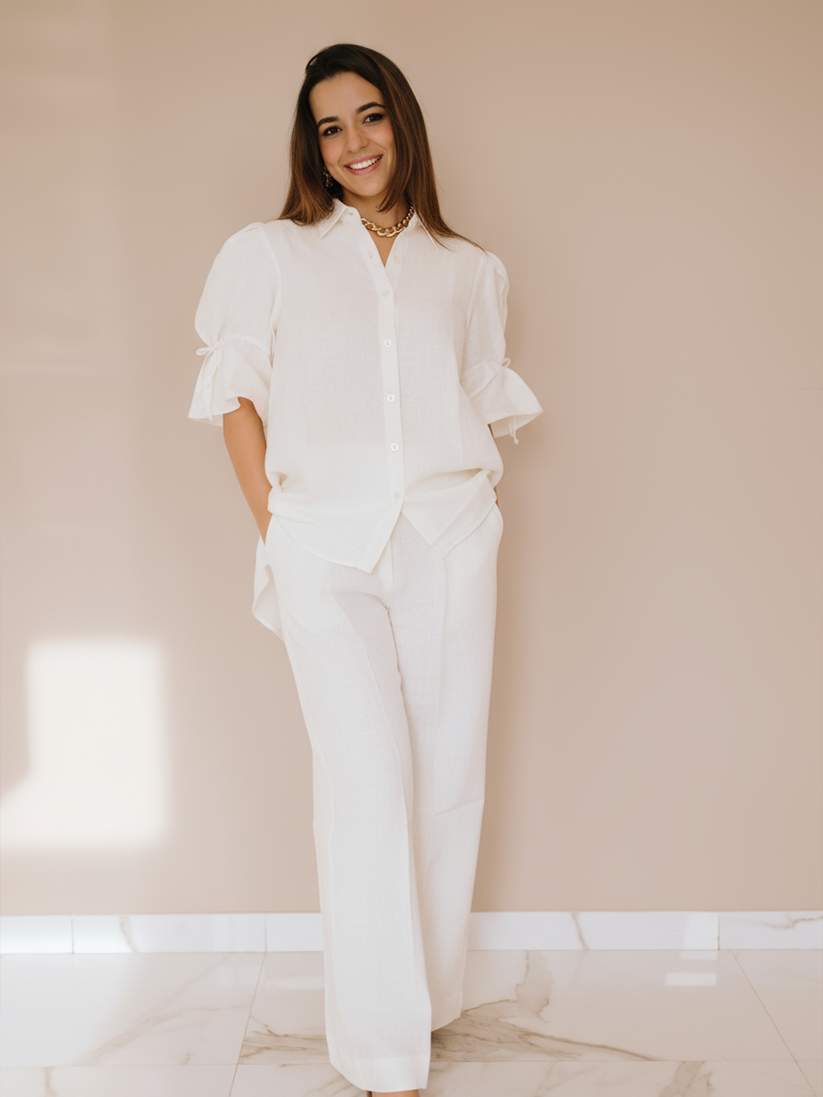 LONG CLASSIC LINEN TOP WITH CLASSIC LINEN FLARED PANTS
