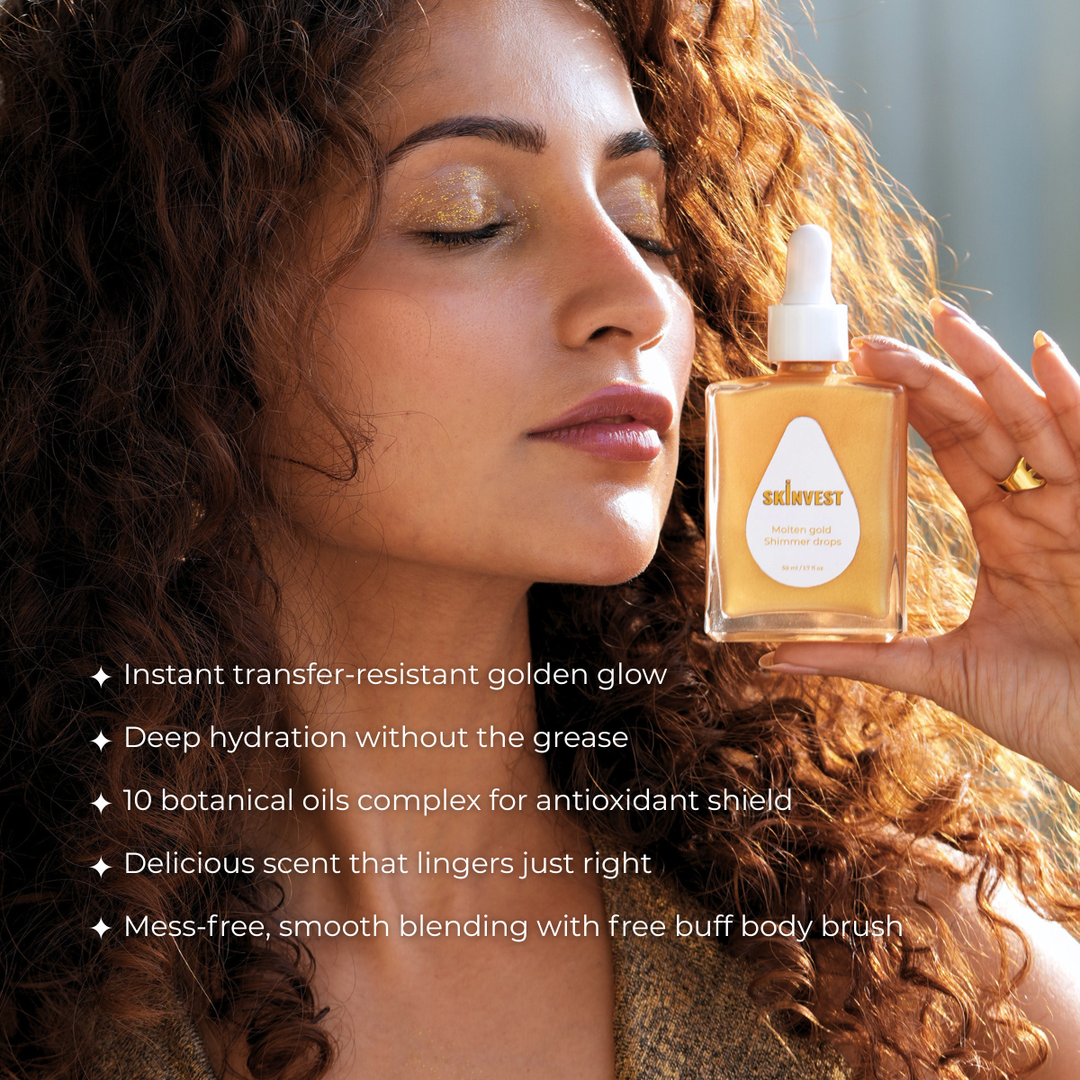 Skinvest Molten Gold Shimmer Body Oil Drops with Micro-Fine Champagne Shimmer & 10 Botanical Oils | Transfer Proof Glow, Deep Hydration, Non-Greasy | Free Luxe Buff Body Brush | 50ml