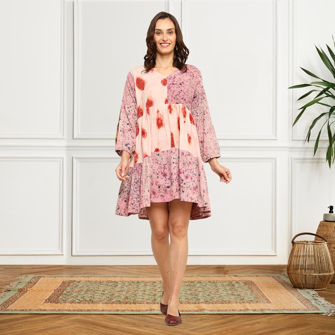 Bageeya “Comet” Natural Dyed Handwoven Organic Cotton Tiered Dress | Crafted with Lac and beel patra infused in manjishta and detailed with Gold zari