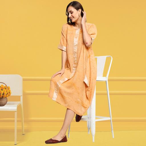 Bageeya "Aamrapali" Handwoven slub cotton Dress | Crafted with Sacred Temple Marigolds, and manjishta| Detailed with Zari border