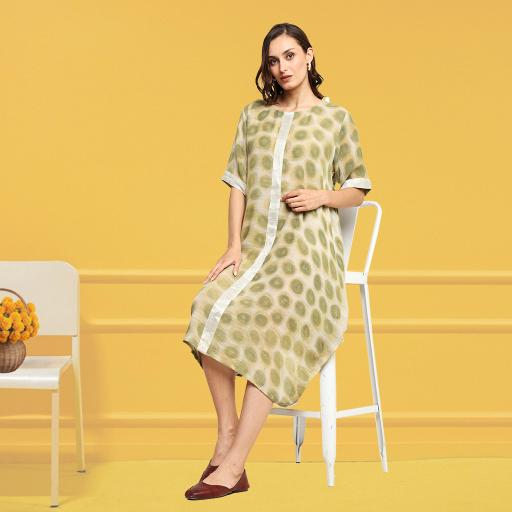 Bageeya "FOREST" Cowl Dress | Dyed Handcrafted Handwoven Slub Cotton Cowl Dress| Crafted with Harda| Detailed with Zari border