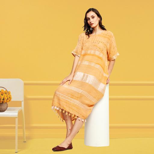 Bageeya "TESU" Handwoven slub cotton Cowl Dress | Crafted with Marigold and Manjishta| Detailed with Zari weave