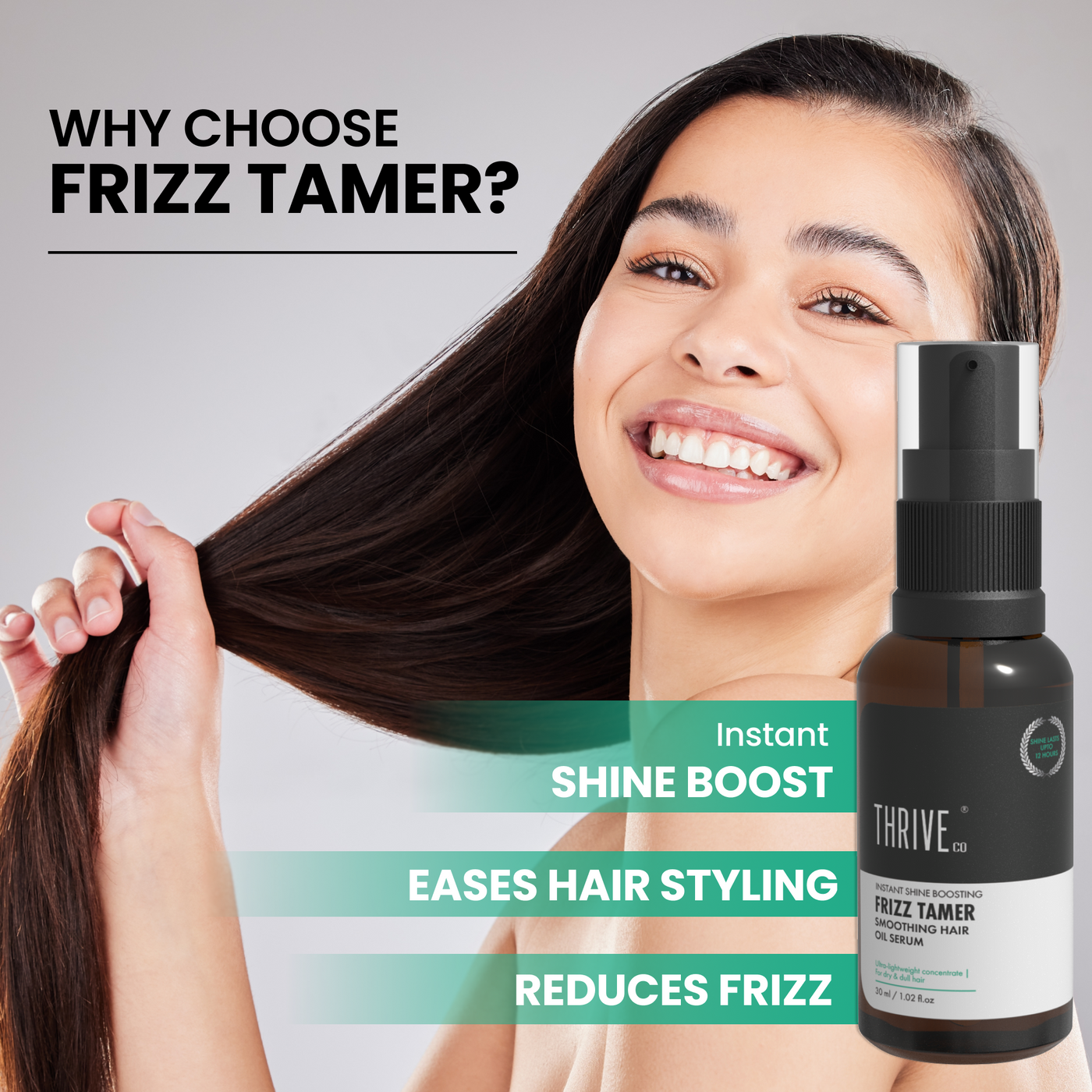 ThriveCo Frizz Tamer Smoothing Hair Oil Serum | For Smooth & Frizz-Free Hair | Gives Shine Up To 12 Hours | Hydrates Frizzy, Dry & Dull Hair | With Jojoba Oil, Mahua Oil | For Men & Women | 30ml
