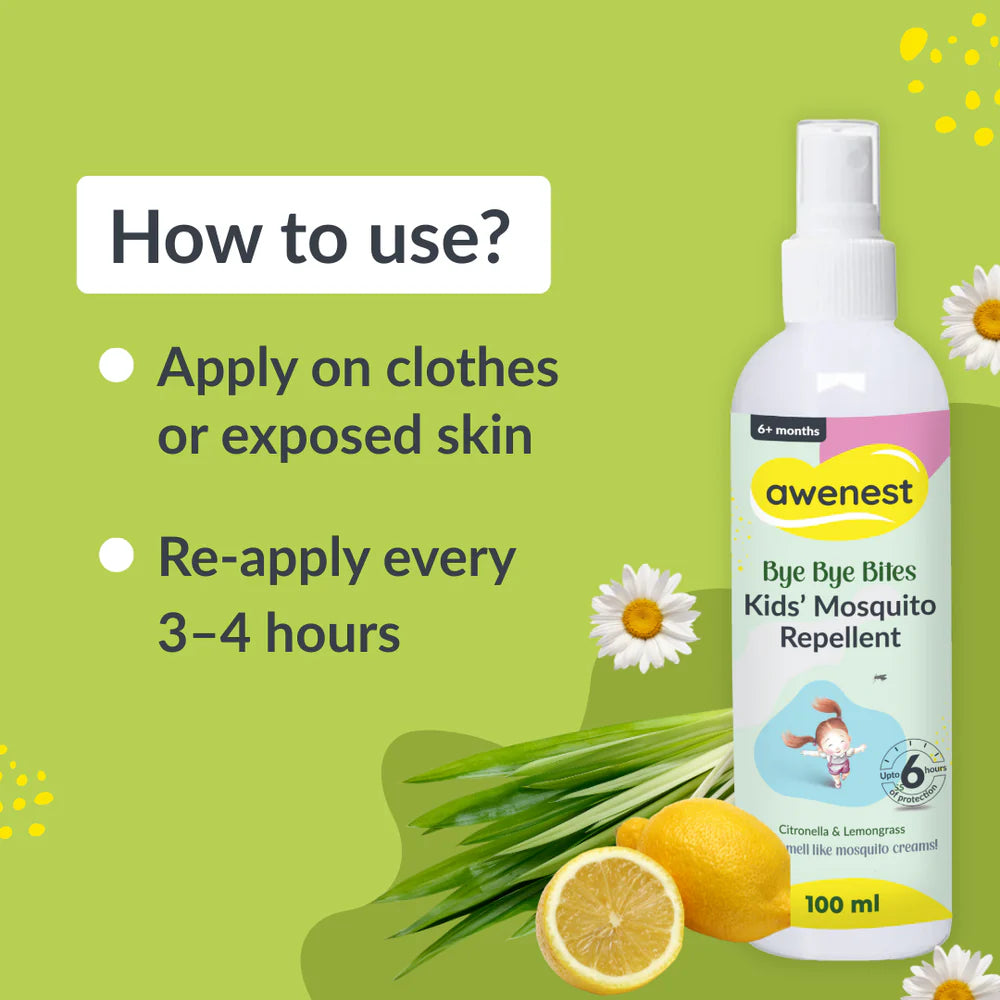 Mosquito Repellent Spray for Kids - awenest Bye Bye Bites | Citronella & Lemongrass Oils, DEET-Free | Safe for Babies 6+ Months | Skin-Friendly, Natural Insect Protection for Indoor & Outdoor Use – 100mlx2