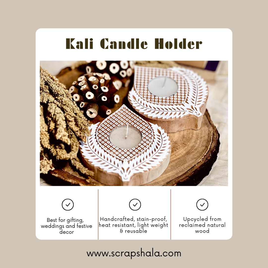 Kali tea light holder | set of 2 candle holder | natural wood | handcrafted | reusable | made in India
