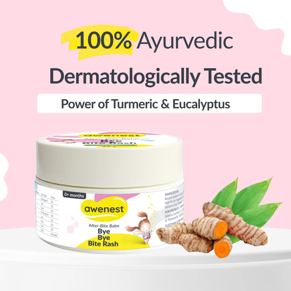 Awenest After-Bite Balm Bye Bye Bite Rash Relief Balm for Babies & Kids | Ayurvedic Natural Soothing Formula with White Turmeric, Eucalyptus, Seabuckthorn | Instant Itch & Redness Relief | Safe, Gentle & Non-Sticky, Does not Stain Clothes – 25g x 2