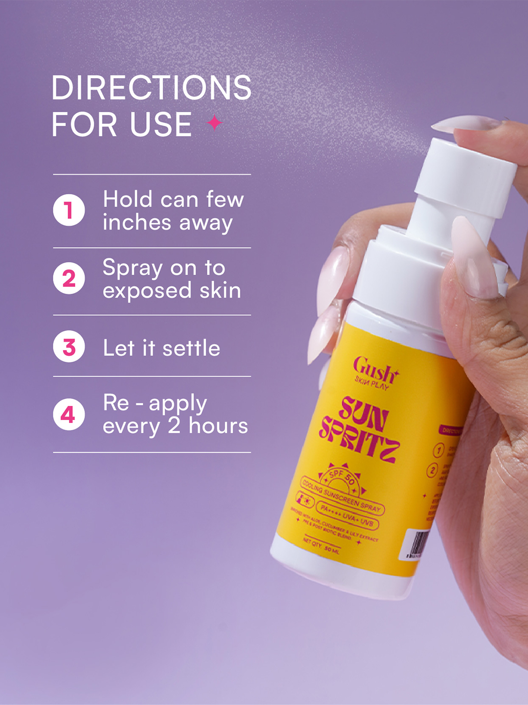 Gush Beauty Sun Spritz SPF50 PA++++ UVA+ UVB Cooling Cucumber Sunscreen Spray | 50 ml