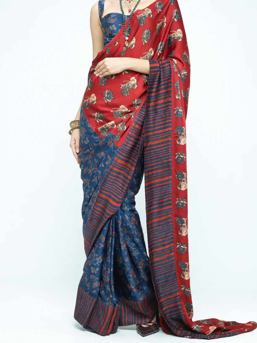 Anushé Pirani Eden Saree | Ajrakh Print Modal | Indigo & Terracotta, Pre-Stitched Option