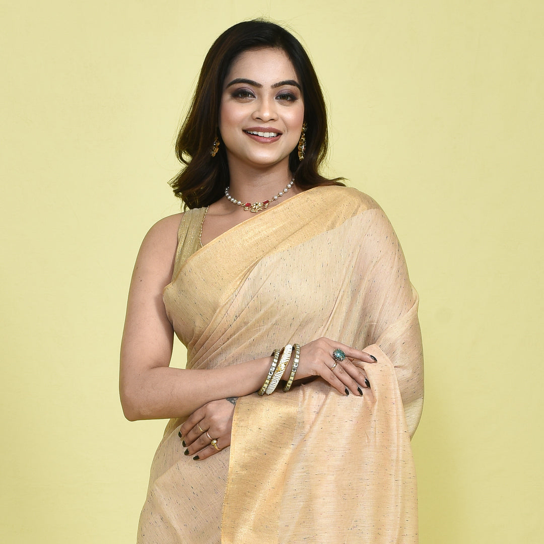 Beige Bamboo Fibre Saree with Zari Border