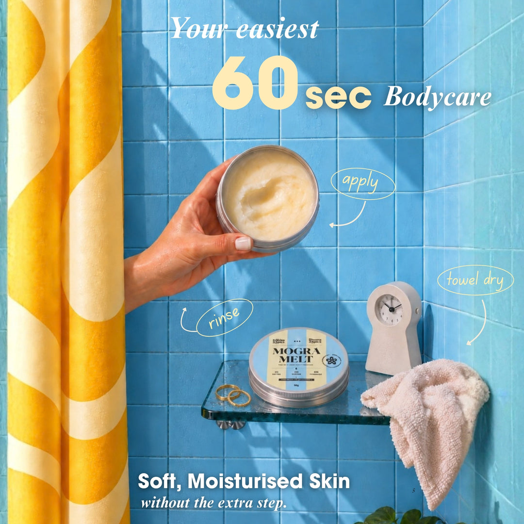 Kohl & Spice Mogra Melt In-Shower Moisturiser | 1% Ectoin, 4% Shea butter, 5% Niacinamide | In Shower Moisturizing balm| | PH Balanced, SLS Free, Paraben Free | For men and women | For Extreme Dry Skin