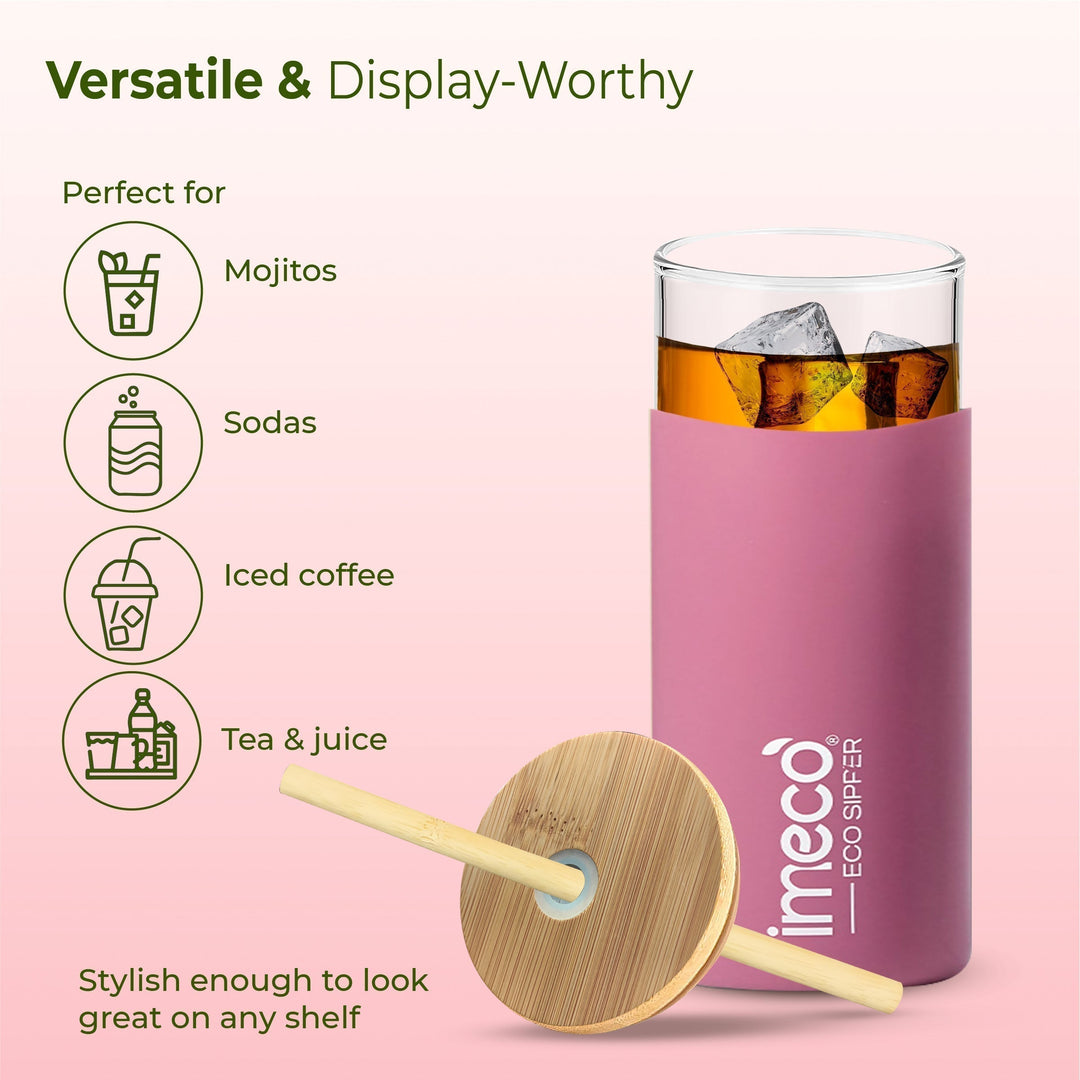 IMECO ECO-SIPPER Glass Sipper Bottle with Stylish Bamboo Lid & Straw - Leak & Sweat Proof 450 ml