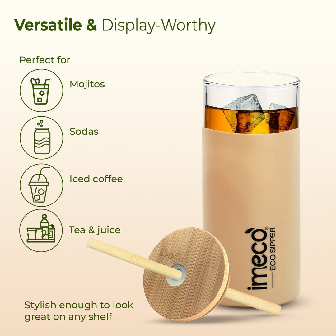 IMECO ECO-SIPPER Glass Sipper Bottle with Stylish Bamboo Lid & Straw - Leak & Sweat Proof 450 ml
