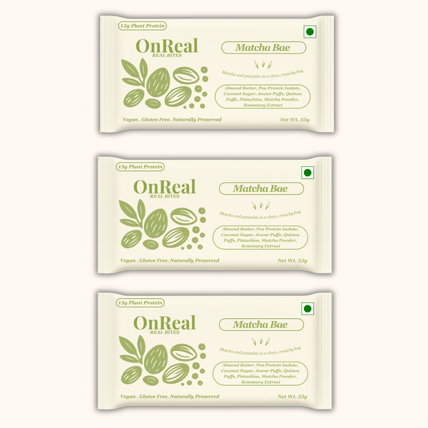 OnReal Matcha Bae Plant-Based Protein Bars | 15g Protein | No Refined Sugar | High Fiber | Almond Butter, Pistachios & Matcha | Vegan, Gluten-Free | Clean Label Snack